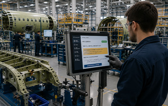 Assembly technician reviewing updated digital work instructions at an aerospace production station